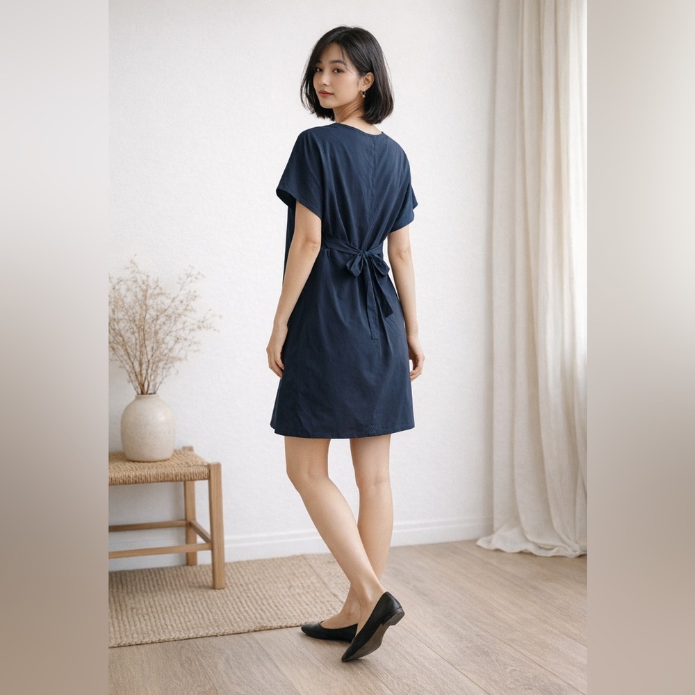 COS Navy Blue Shirt Dress Size Small Oversized Tie back Cotton Blend